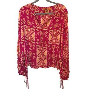 Tory Burch Size 8 Pink Geo Print Silk Georgette Blouse Detailed Sleeve